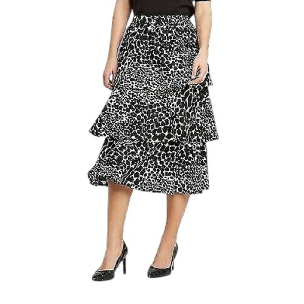 Who What Wear Animal Print Tiered Midi Skirt Black White Cotton Size 4